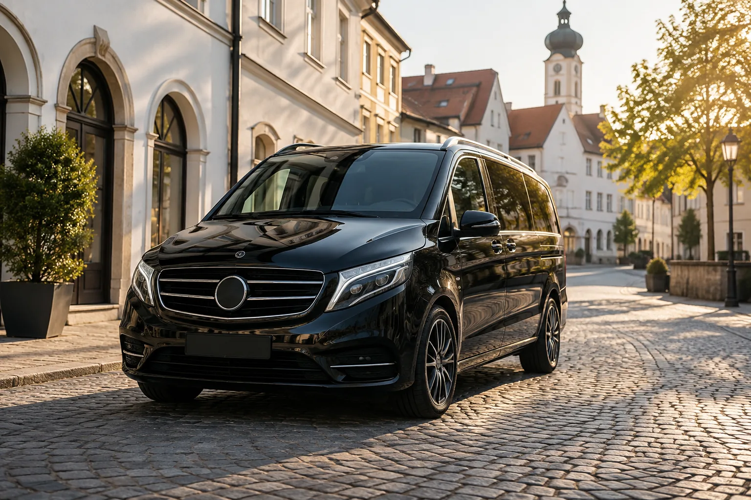 Illustrative Aufnahme eines dunklen Premium-Kleinbusses in einer süddeutschen Altstadt
